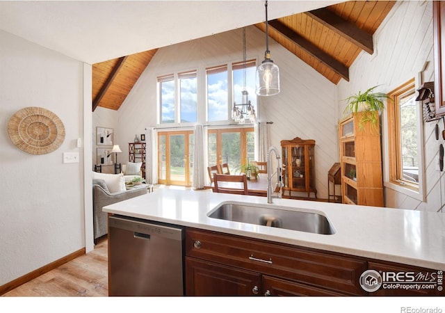 40 Hopi Ct, Lyons, CO 80540 - kitchen with dishwasher, wooden ceiling, a sink, beam ceiling, and light wood-style flooring