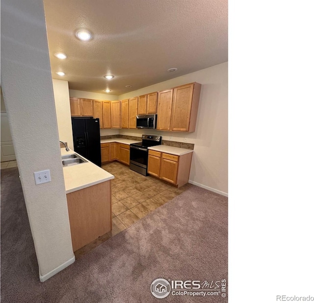 6608 W 3rd St Unit 35-58, Greeley, CO 80634 - kitchen featuring appliances with stainless steel finishes, light carpet, a sink, light countertops, and recessed lighting