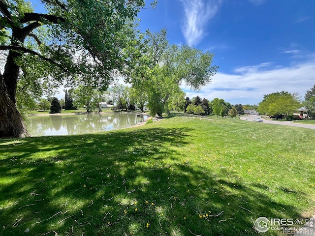 view of green lawn featuring a water view