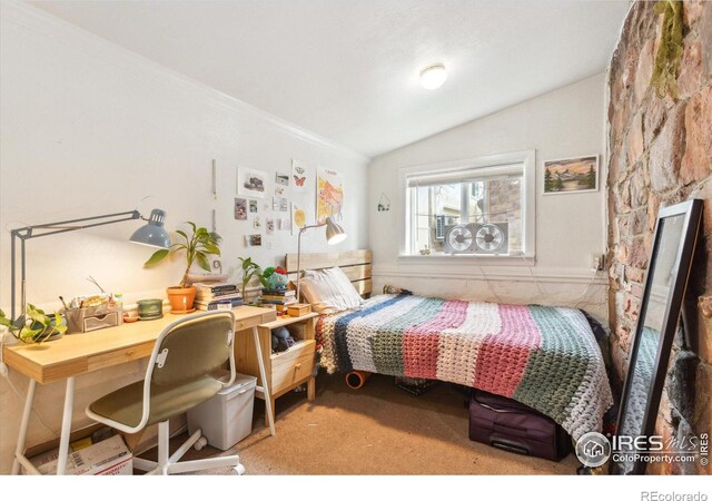 2315 Spruce St, Boulder, CO 80302 - carpeted bedroom with vaulted ceiling and crown molding