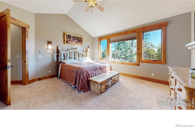 1049 Pine Knoll Dr, Estes Park, CO 80517 - carpeted bedroom with baseboards, lofted ceiling, and ceiling fan