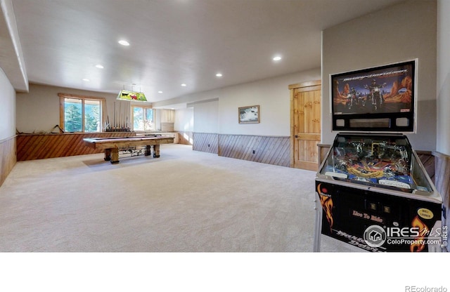 1049 Pine Knoll Dr, Estes Park, CO 80517 - rec room with carpet floors, wainscoting, recessed lighting, billiards, and wooden walls