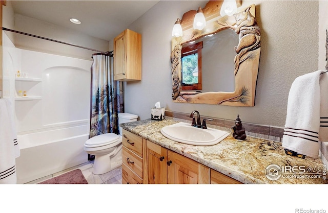 1049 Pine Knoll Dr, Estes Park, CO 80517 - bathroom with toilet, vanity, and shower / bath combination with curtain
