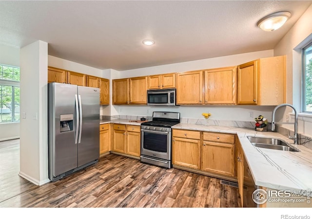 1842 Reliance Cir, Superior, CO 80027 - kitchen with appliances with stainless steel finishes, a sink, dark wood-style flooring, light stone countertops, and recessed lighting