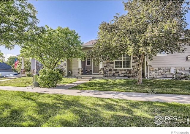 obstructed view of property featuring stone siding and a front lawn