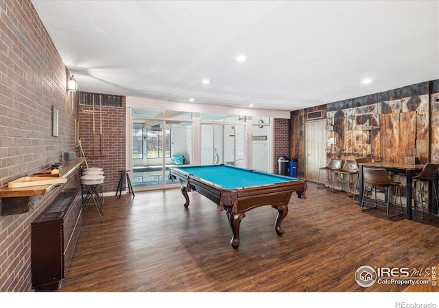 2227 Canyon Blvd Unit 162B, Boulder, CO 80302 - rec room featuring brick wall, billiards, wood finished floors, recessed lighting, and a community bar