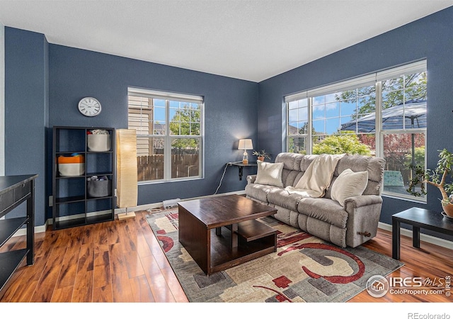 living area featuring wood finished floors and baseboards