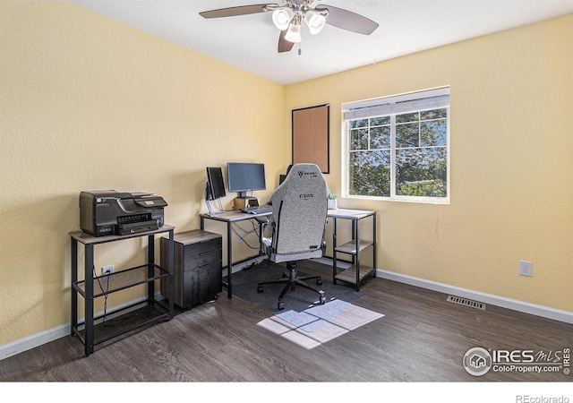 home office featuring wood finished floors, ceiling fan, and baseboards