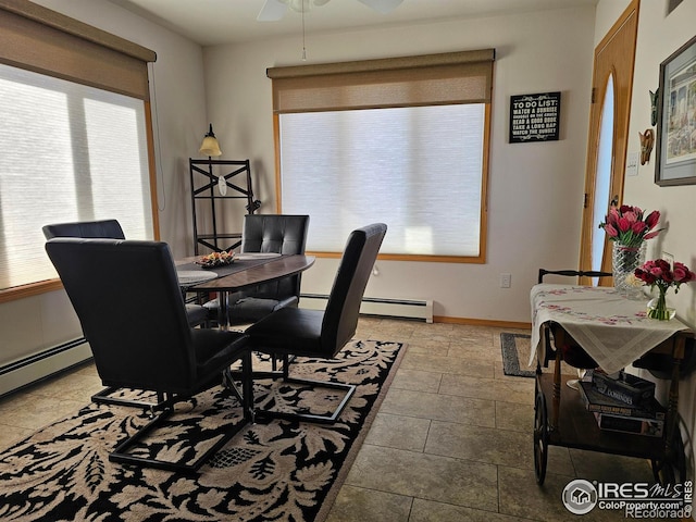 107 Fairway Ln, Fort Morgan, CO 80701 - dining room with plenty of natural light, ceiling fan, a baseboard heating unit, and baseboards