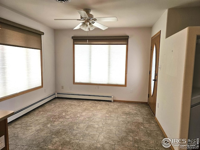 107 Fairway Ln, Fort Morgan, CO 80701 - empty room with ceiling fan, baseboards, stone finish flooring, and a baseboard radiator
