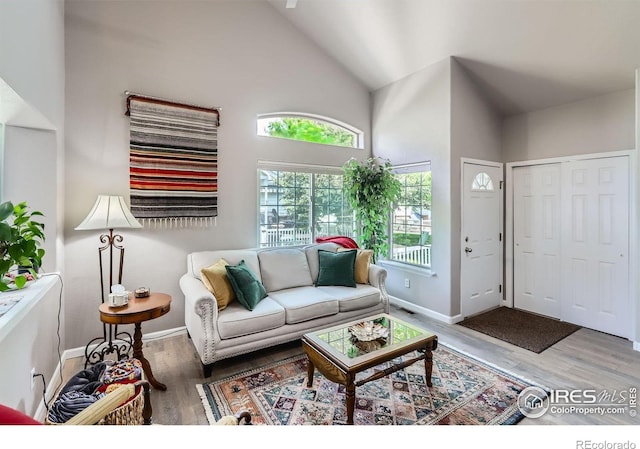 39 Sebring Ln, Johnstown, CO 80534 - living area featuring wood finished floors, high vaulted ceiling, and baseboards