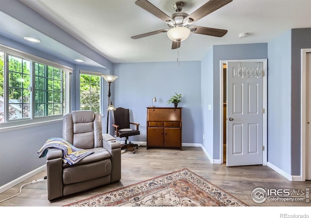 39 Sebring Ln, Johnstown, CO 80534 - living area with wood finished floors, baseboards, and ceiling fan