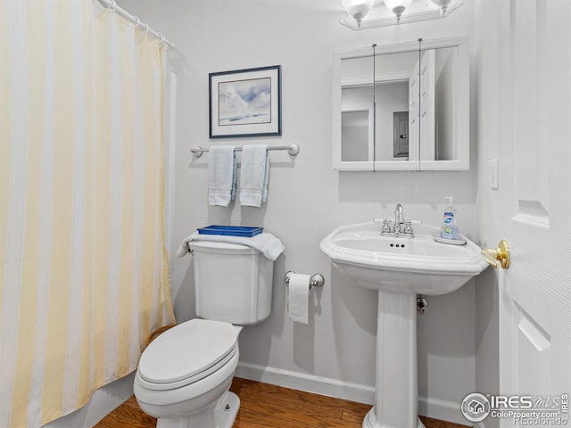 160 Riverside Dr Unit 2, Estes Park, CO 80517 - full bath with toilet, baseboards, a shower with curtain, and wood finished floors