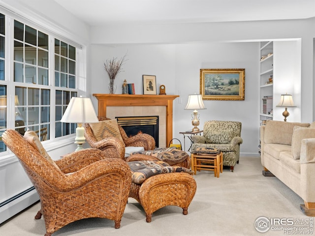 160 Riverside Dr Unit 2, Estes Park, CO 80517 - carpeted living area featuring a baseboard heating unit and a fireplace