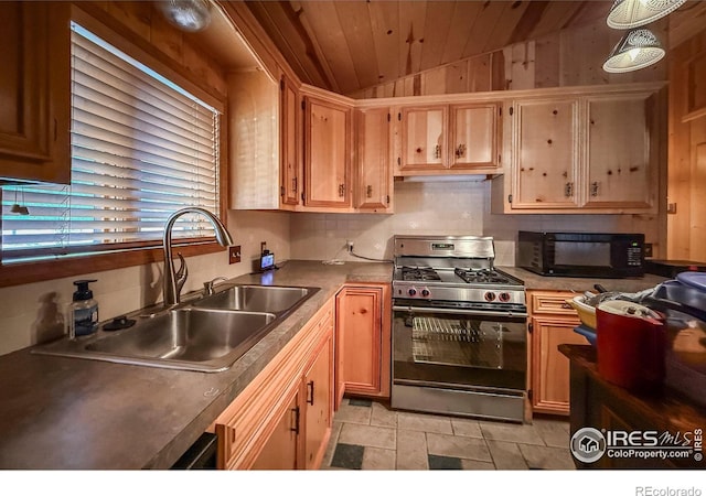 6 Norske Trl, Allenspark, CO 80510 - kitchen with stainless steel range with gas stovetop, black microwave, vaulted ceiling, a sink, and wood ceiling