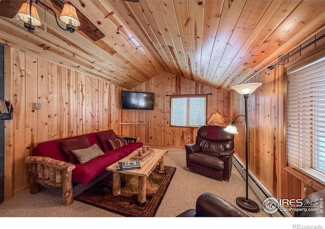 6 Norske Trl, Allenspark, CO 80510 - carpeted living area featuring wood walls, lofted ceiling, wooden ceiling, and baseboard heating