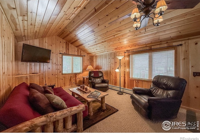 6 Norske Trl, Allenspark, CO 80510 - living room with a baseboard radiator, carpet, wood walls, vaulted ceiling, and a chandelier