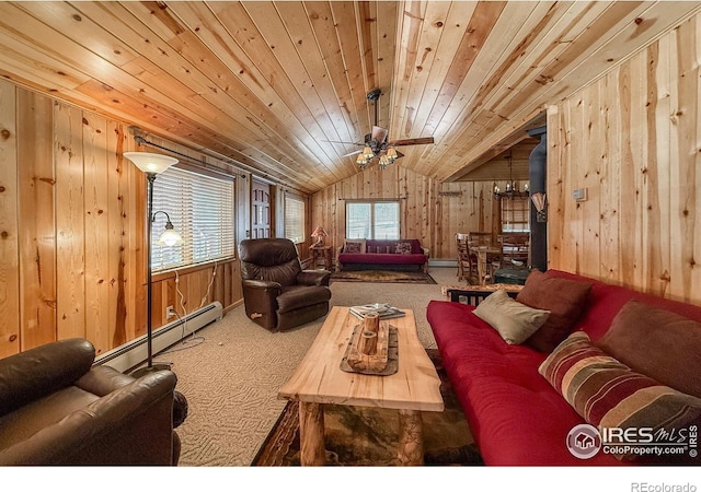 6 Norske Trl, Allenspark, CO 80510 - living room featuring a baseboard heating unit, carpet flooring, vaulted ceiling, wooden walls, and wooden ceiling