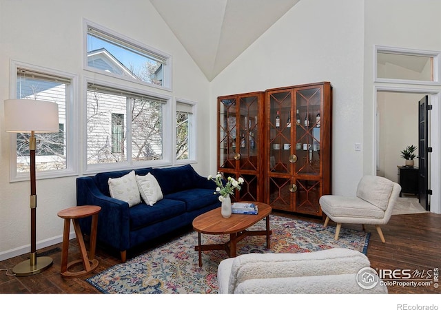 living area featuring wood finished floors, high vaulted ceiling, and baseboards