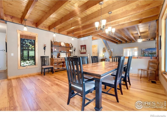 6950 W County Road 18, Loveland, CO 80537 - dining space with beam ceiling, wood-type flooring, a chandelier, wood ceiling, and baseboards