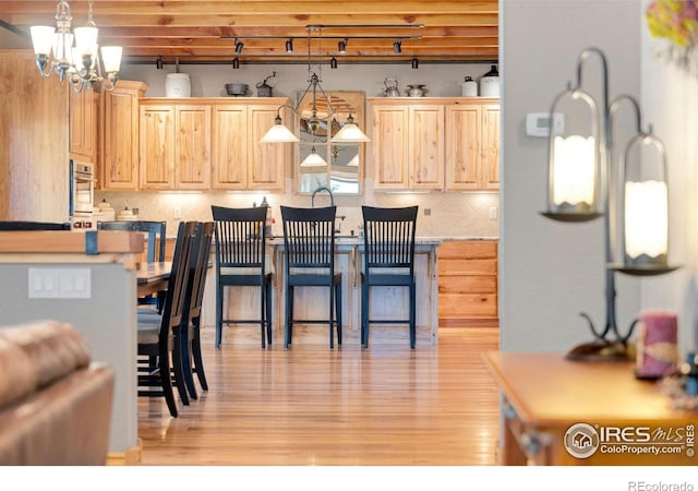 6950 W County Road 18, Loveland, CO 80537 - kitchen featuring light brown cabinets, stainless steel oven, light wood-style floors, backsplash, and a breakfast bar