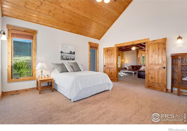 6950 W County Road 18, Loveland, CO 80537 - bedroom with carpet flooring, high vaulted ceiling, wood ceiling, and baseboards