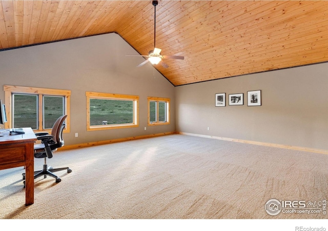 6950 W County Road 18, Loveland, CO 80537 - unfurnished office featuring carpet, high vaulted ceiling, wood ceiling, a ceiling fan, and baseboards