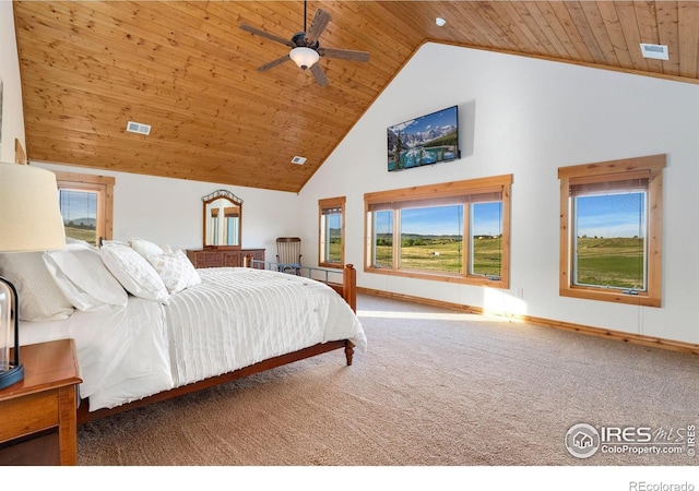 6950 W County Road 18, Loveland, CO 80537 - bedroom featuring wood ceiling, high vaulted ceiling, carpet floors, and baseboards
