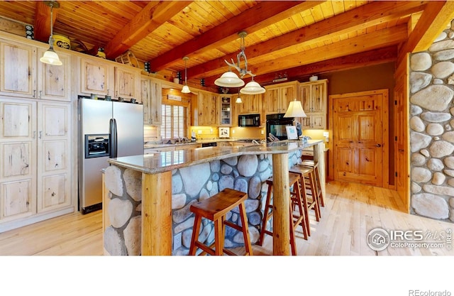 315 County Road 4454, Grand Lake, CO 80447 - kitchen featuring black appliances, light wood-style flooring, wooden ceiling, light stone counters, and beamed ceiling