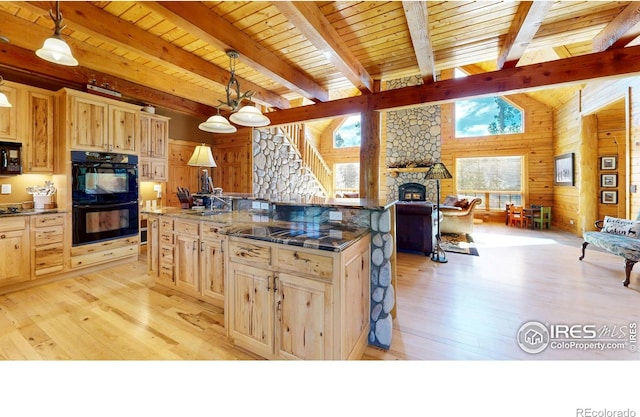 315 County Road 4454, Grand Lake, CO 80447 - kitchen with black appliances, light wood finished floors, open floor plan, wood ceiling, and a stone fireplace