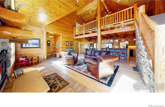 315 County Road 4454, Grand Lake, CO 80447 - living area with wooden ceiling, wood walls, wood finished floors, high vaulted ceiling, and beam ceiling