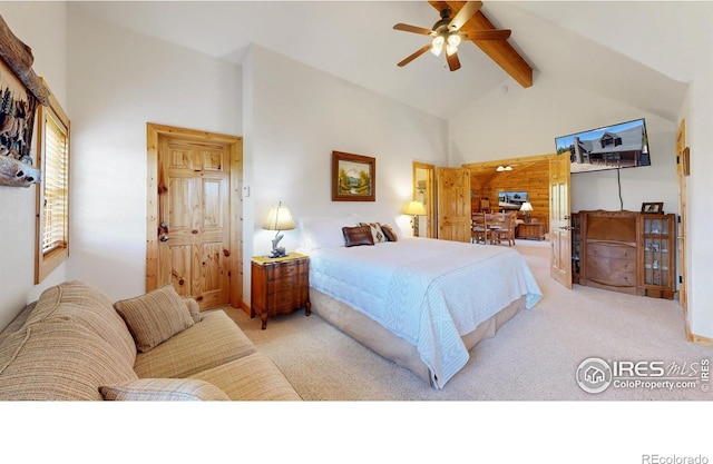 315 County Road 4454, Grand Lake, CO 80447 - bedroom featuring beam ceiling, carpet flooring, high vaulted ceiling, and a ceiling fan