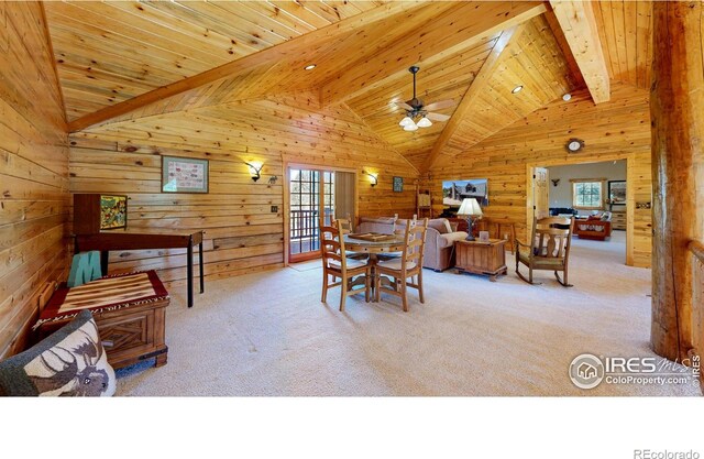 315 County Road 4454, Grand Lake, CO 80447 - dining area featuring ceiling fan, carpet flooring, wooden walls, and wood ceiling