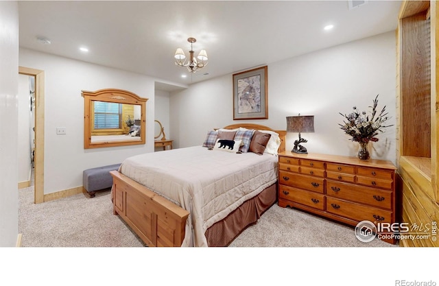 315 County Road 4454, Grand Lake, CO 80447 - bedroom featuring light carpet, a chandelier, recessed lighting, and baseboards
