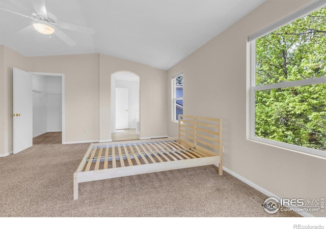 1724 Holeman Dr, Erie, CO 80516 - unfurnished bedroom featuring carpet floors, multiple windows, vaulted ceiling, and arched walkways