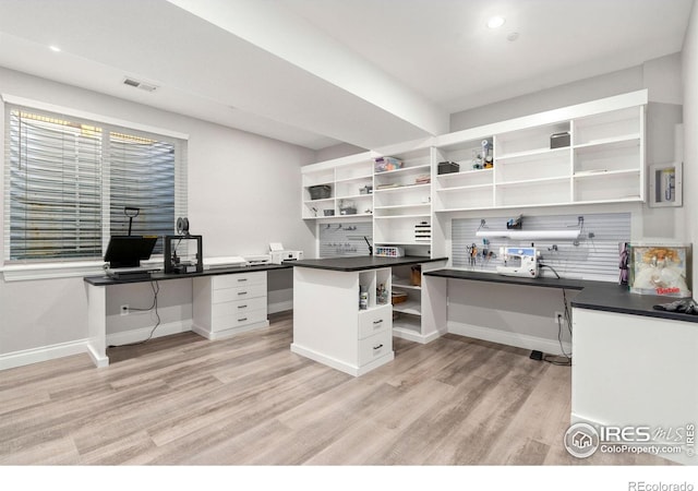 5085 Blanchette St, Timnath, CO 80547 - office featuring light wood-style flooring, built in desk, baseboards, and recessed lighting