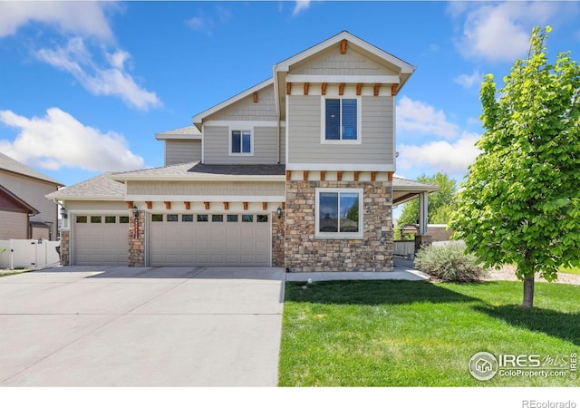 craftsman inspired home featuring stone siding, driveway, an attached garage, and roof with shingles
