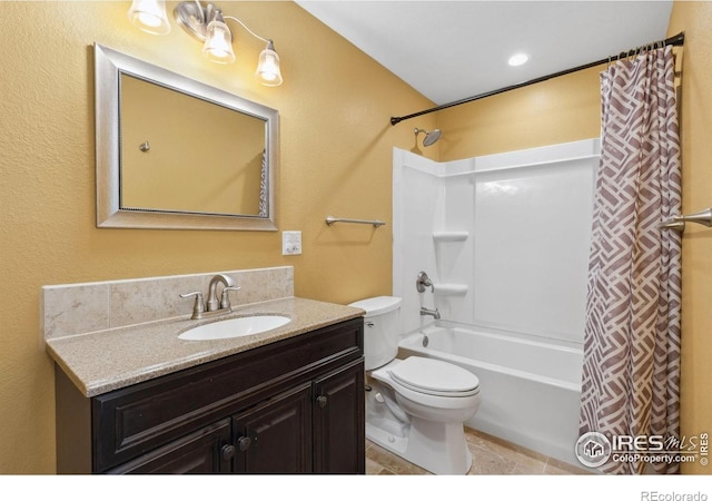 full bathroom with toilet, vanity, and shower / bath combination with curtain