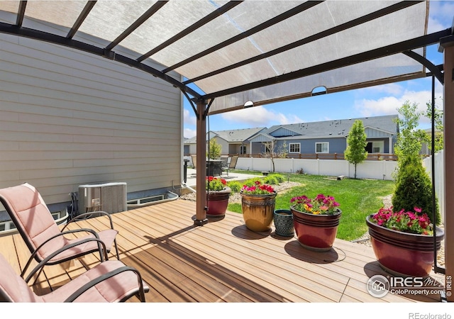 wooden deck featuring a pergola, central AC, and a residential view