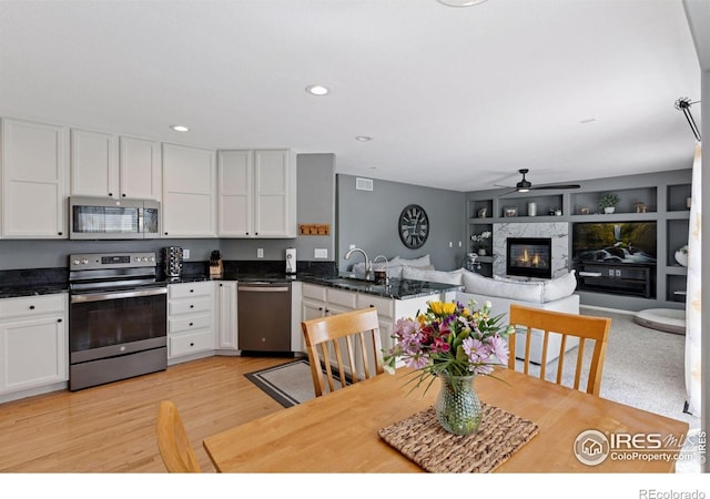 4416 Pika Dr, Loveland, CO 80537 - kitchen with stainless steel appliances, a ceiling fan, white cabinetry, a sink, and a fireplace
