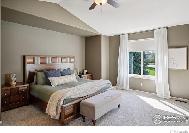 4416 Pika Dr, Loveland, CO 80537 - carpeted bedroom featuring vaulted ceiling and ceiling fan