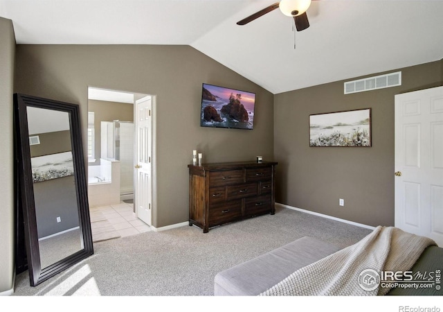 4416 Pika Dr, Loveland, CO 80537 - carpeted bedroom with lofted ceiling, baseboards, connected bathroom, and ceiling fan