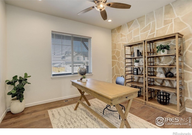 6506 Merrimack Dr, Castle Pines, CO 80108 - office area with a ceiling fan, wood finished floors, baseboards, and recessed lighting