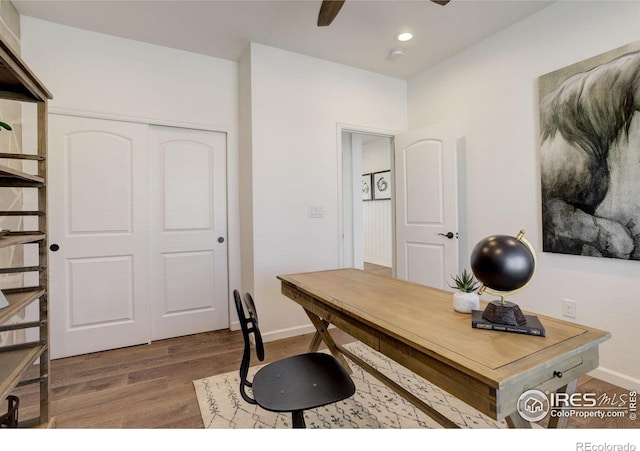 6506 Merrimack Dr, Castle Pines, CO 80108 - office space featuring wood finished floors, a ceiling fan, baseboards, and recessed lighting