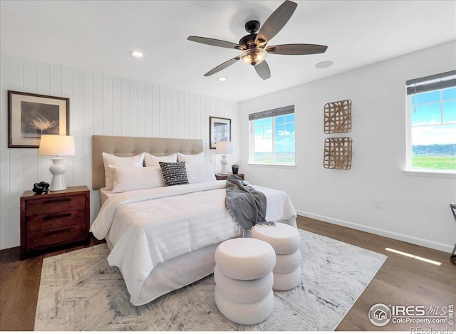 6506 Merrimack Dr, Castle Pines, CO 80108 - bedroom featuring recessed lighting, baseboards, ceiling fan, and wood finished floors