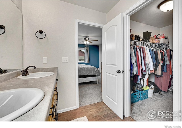 711 Mt Evans Ave, Severance, CO 80550 - ensuite bathroom with wood finished floors, a ceiling fan, double vanity, a walk in closet, and baseboards