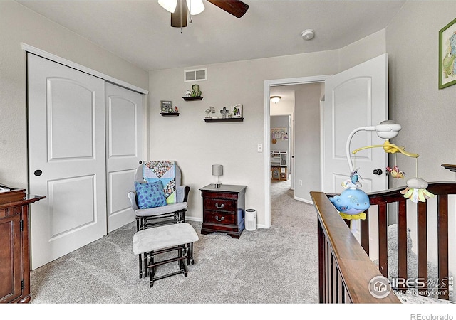 711 Mt Evans Ave, Severance, CO 80550 - carpeted bedroom with a closet, a ceiling fan, and baseboards