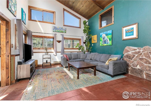 1824 Lazy Z Rd, Nederland, CO 80466 - living room with wood ceiling, high vaulted ceiling, and a baseboard heating unit