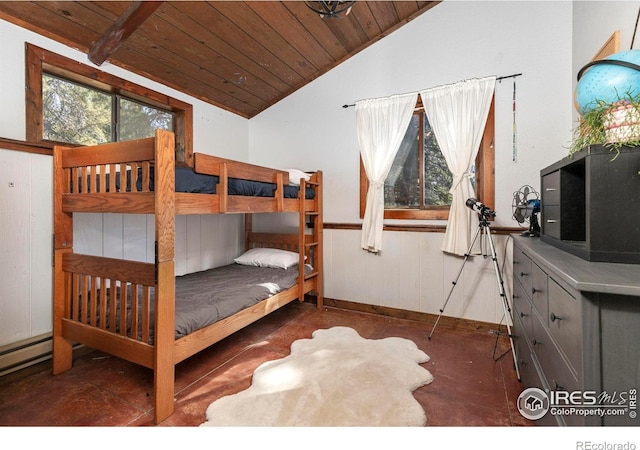 1824 Lazy Z Rd, Nederland, CO 80466 - bedroom featuring lofted ceiling, wooden ceiling, wainscoting, and wooden walls