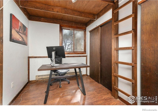 1824 Lazy Z Rd, Nederland, CO 80466 - office area with wooden ceiling, beamed ceiling, and wood finished floors